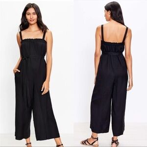 NWT Ann Taylor LOFT Jumpsuit Romper Black Linen Square Neck Ruffle Wide Leg XS